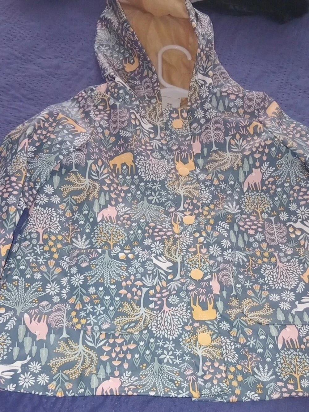 Rachel Zoe Girls' Hooded Raincoat in Navy with Pink & Yellow Woodland Print